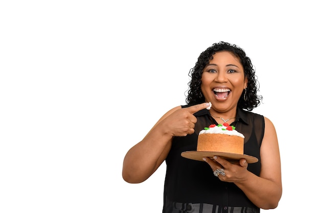 woman holding birthday cake on white backgraond