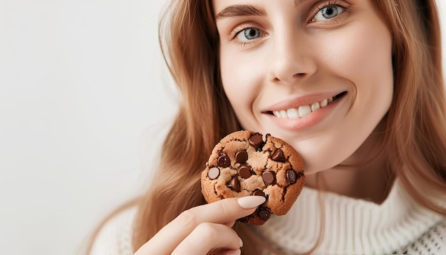 Woman holding bitten cookie with chocolate chips on white background