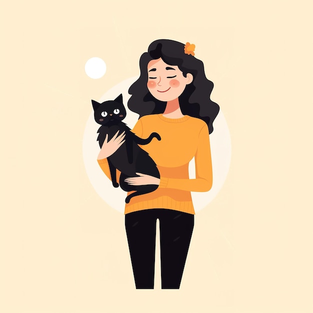 Женщина держит на руках черную кошку.