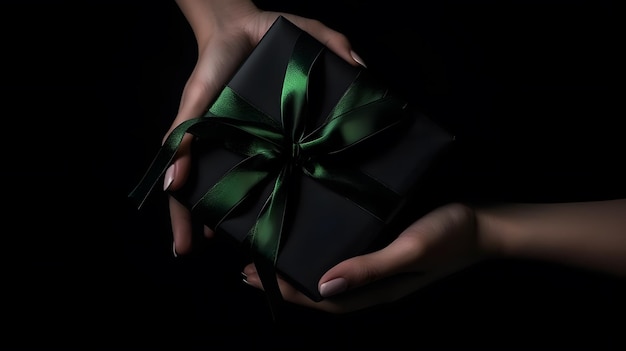 A woman holding a black gift box with a green ribbon.