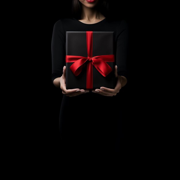 Foto una donna che tiene una scatola regalo nera con nastro rosso su uno sfondo nero regalo speciale di natale per h