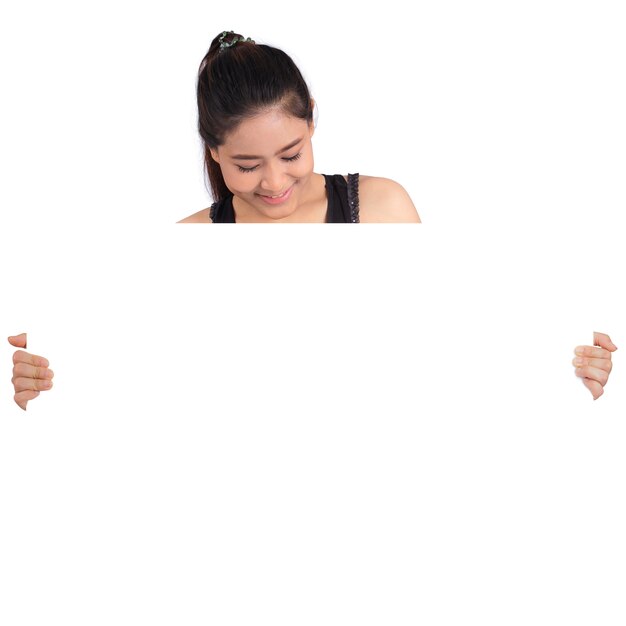 Woman holding blank billboard