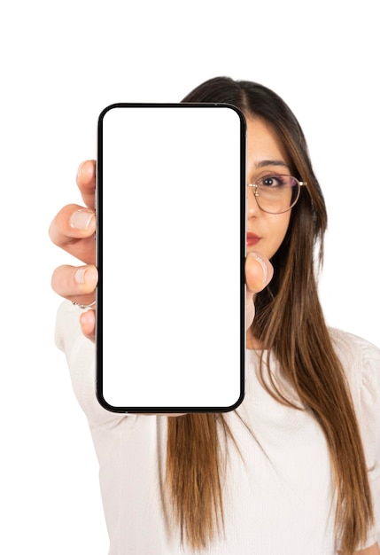 Woman holding a blank phone with a white background