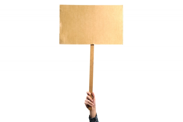 Photo woman holding a blank placard on white background