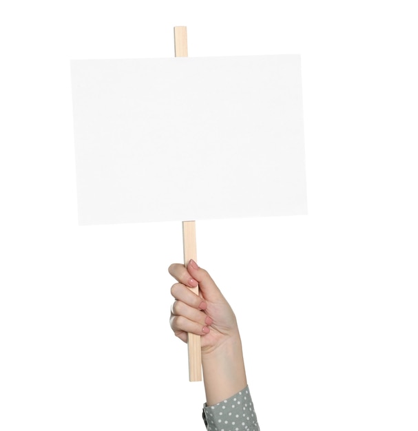 Woman holding blank protest sign on white background closeup