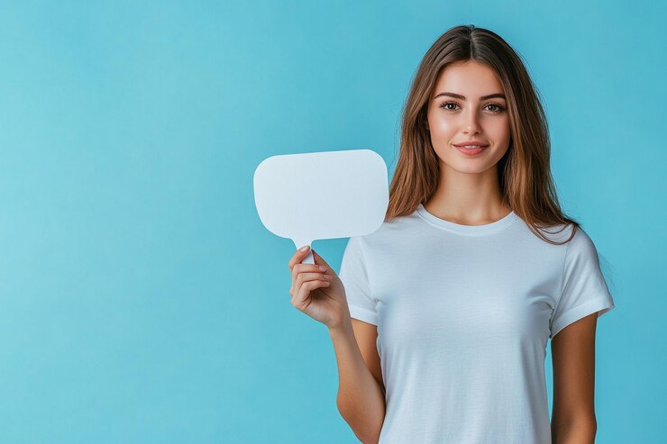 Photo a woman holding a blank speech bubble on a light blue background