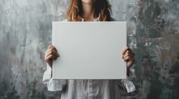 Woman holding blank white card