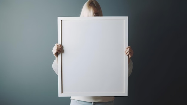 A woman holding a blank white picture frame