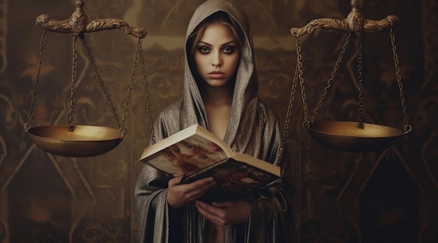 A woman holding a book in front of a scale