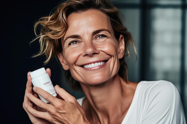 A woman holding a bottle of clinique moisturizer