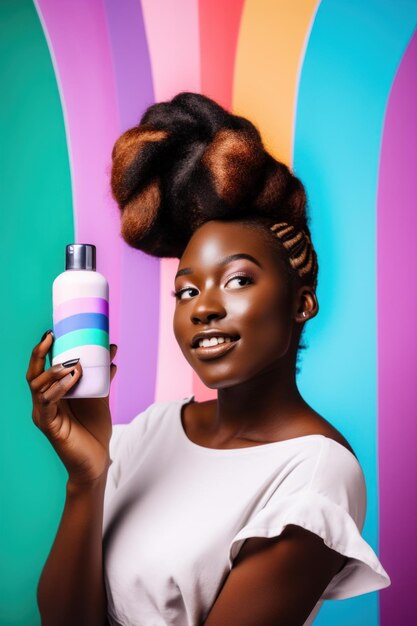 Женщина держит бутылку средства по уходу за волосами Генеративный AI изображение Рекламный макет