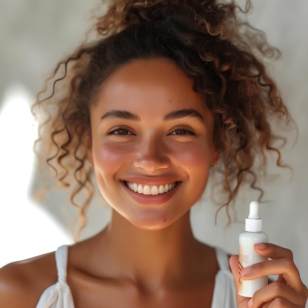 Photo a woman holding a bottle of lotion and smiling