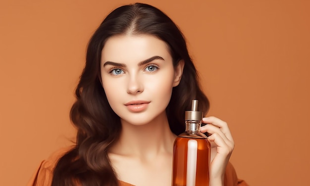 A woman holding a bottle of perfume