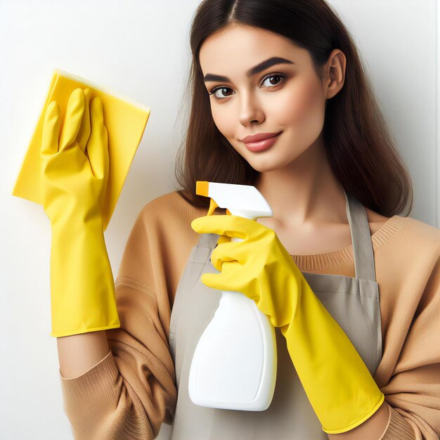 a woman holding a bottle of soap and a yellow glove