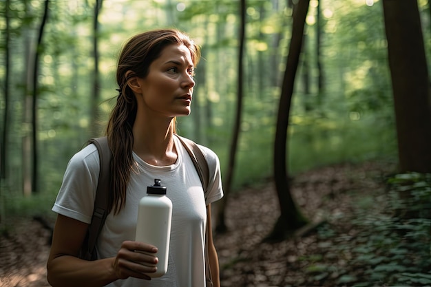 A woman holding a bottle of water in the forest Generative Ai