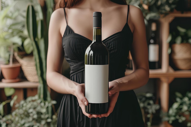 Photo a woman holding a bottle of wine