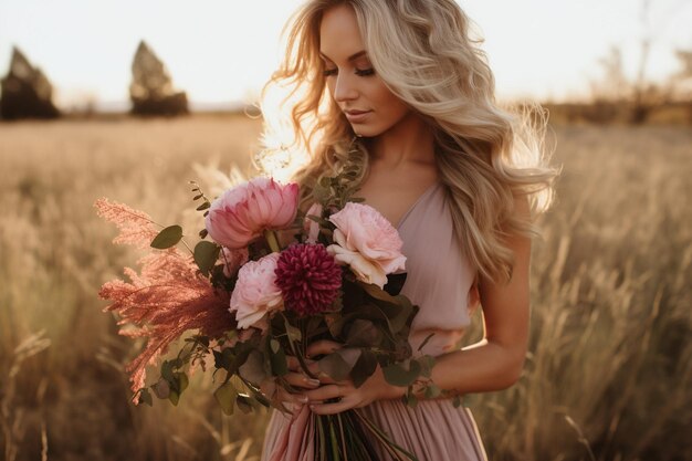 A woman holding a bouquet of bouquet of dahlia flowers a light background