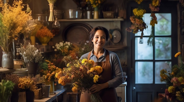 A woman holding a bouquet of flowers in a flower shop