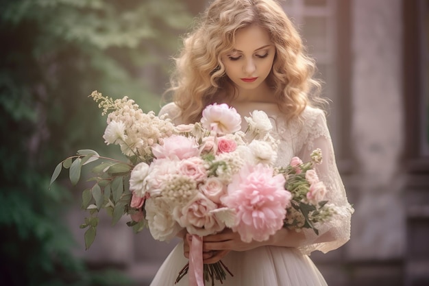 A woman holding a bouquet of flowers in a park