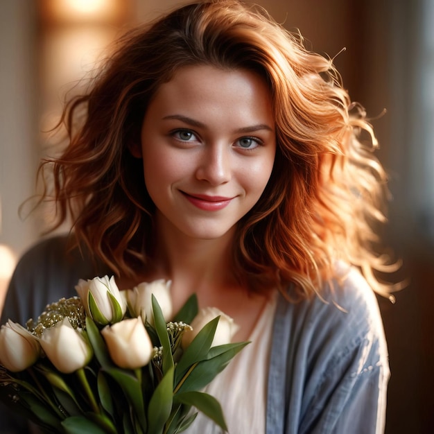 Woman holding bouquet of flowers for sharing in a gesture of romantic love for Valentines day