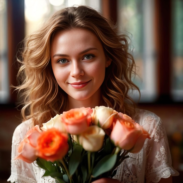 Woman holding bouquet of flowers for sharing in a gesture of romantic love for Valentines day