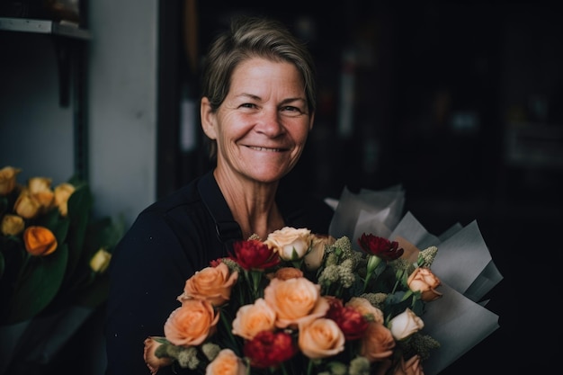 A woman holding a bouquet of flowers and smiling at the camera created with generative ai