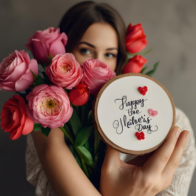 Photo a woman holding a bouquet of flowers with a heart that says happy valentines