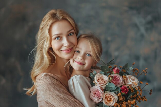 Photo a woman holding a bouquet of flowers with a little girl