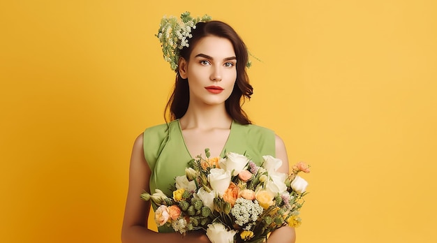 A woman holding a bouquet of flowers