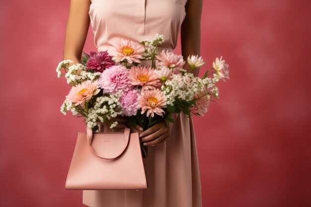 Woman holding a bouquet of fresh flowers while shopping Generative AI