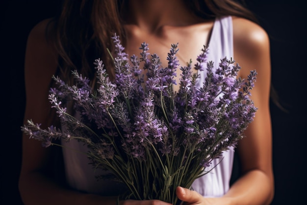 Woman holding a bouquet of lavender in her hands closeup
