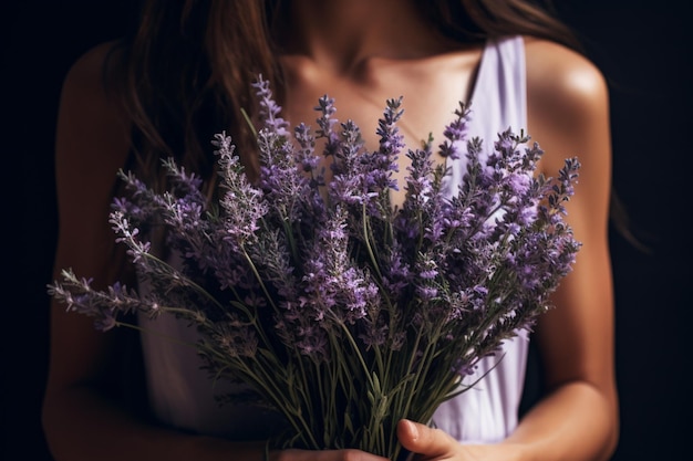 Foto donna che tiene un mazzo di lavanda nelle sue mani primo piano