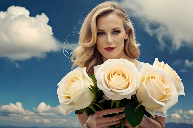 a woman holding a bouquet of roses with clouds in the background.