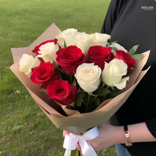 a woman holding a bouquet of roses with the word b on it