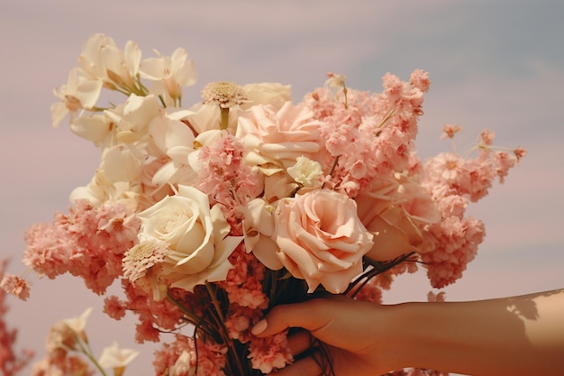 Woman Holding a Bouquet of Stunning Flowers on a Light Background Ample Space for Text Ai