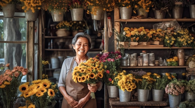 A woman holding a bouquet of sunflowers in a flower shop