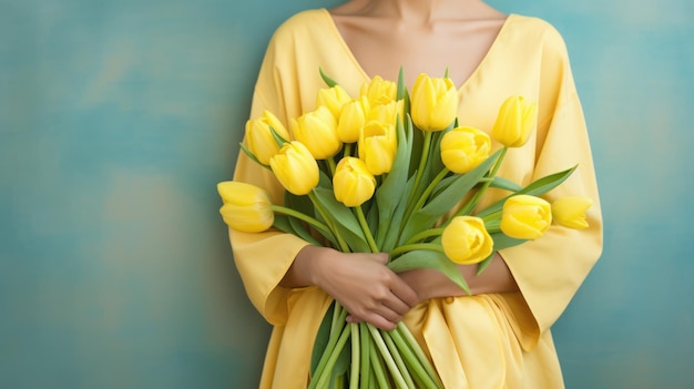 Woman holding bouquet with yellow tulips on light background Created with Generative AI technology
