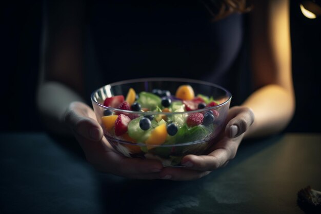 A woman holding a bowl of fruit in front of her.