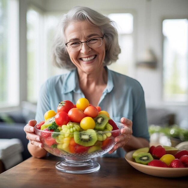 a woman holding a bowl of fruit on a table