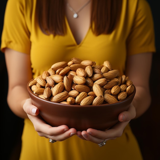 A woman holding a bowl of nuts in her hands