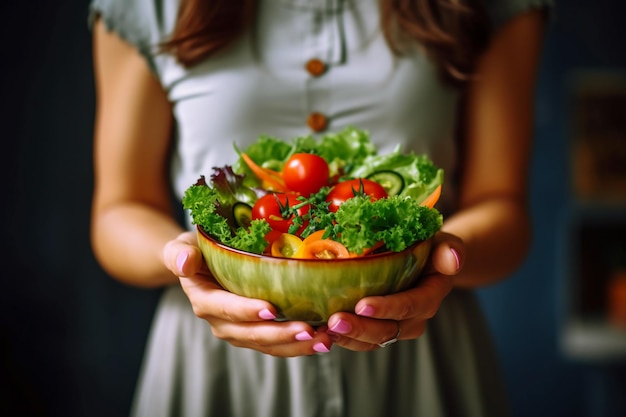 Woman holding a bowl of salad with vibrant vegetables and a light dressing AI generative