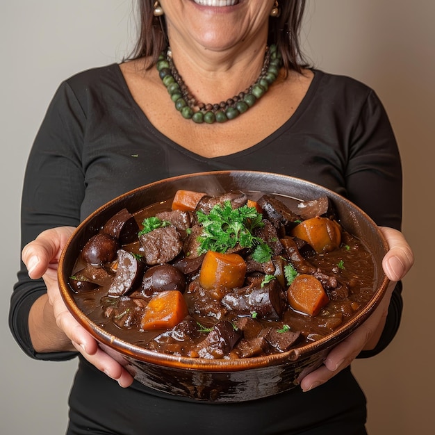 Foto donna con una ciotola di stufato