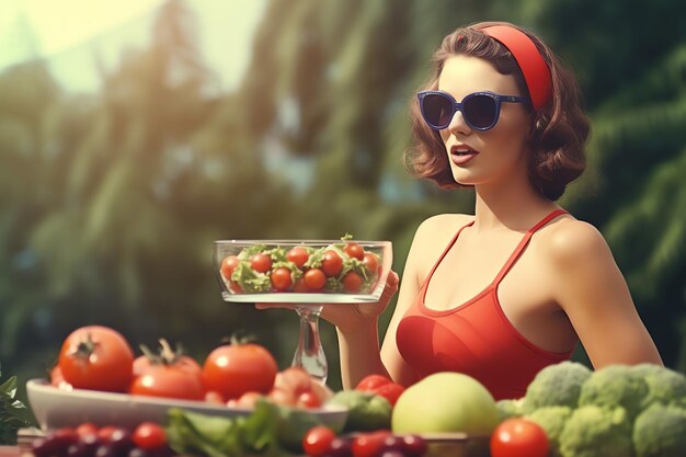 A woman holding a bowl of vegetables in front of a large bowl of tomatoes.