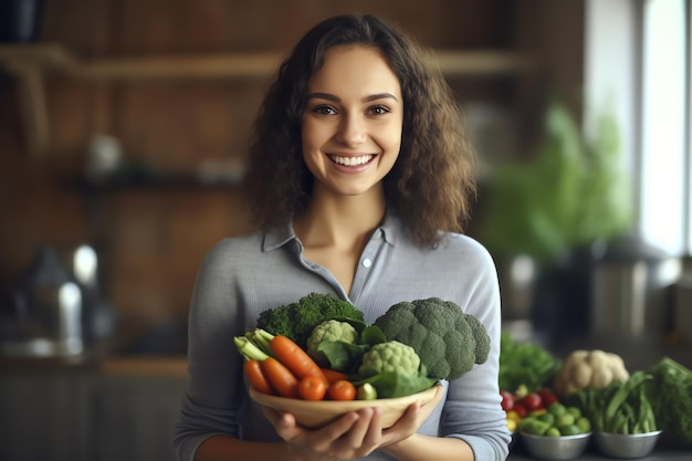 A woman holding a bowl of vegetables in a kitchen