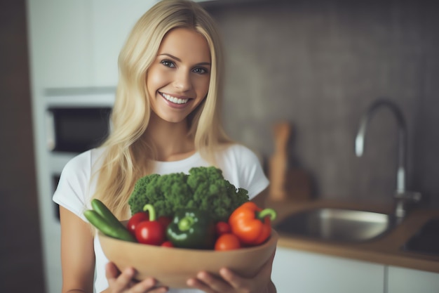 A woman holding a bowl of vegetables in the kitchen