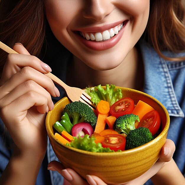 Foto una donna che tiene una ciotola di verdure con una forchetta in mano