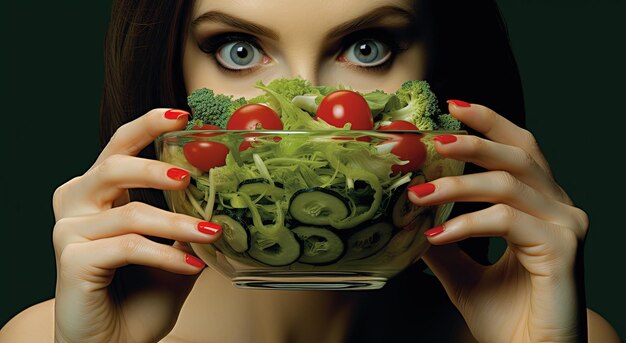 Foto donna che tiene una ciotola con un'insalata concetto di alimentazione sana illustrazione digitale ai generativa