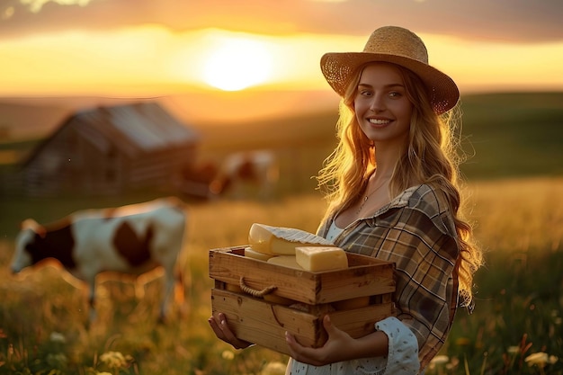 A woman holding a box of cheese in a field