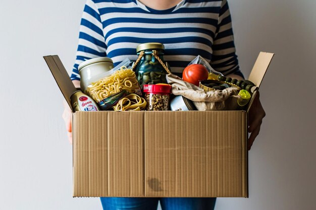 Foto una donna che tiene una scatola di alimenti ai generativa