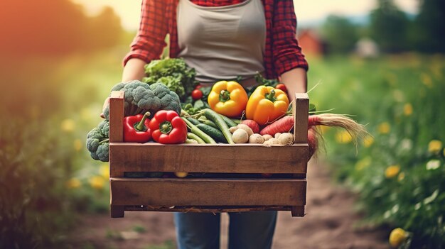 A woman holding a box of vegetables